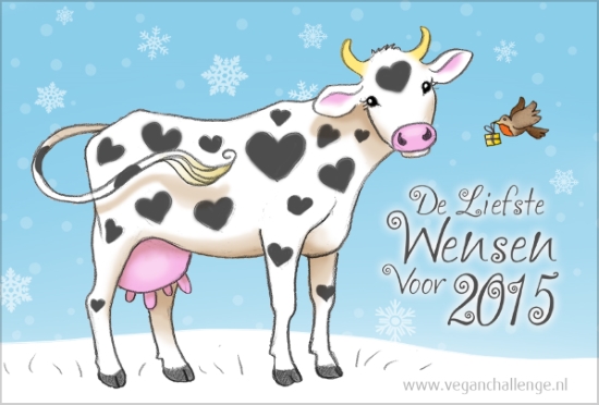 Een getekende koe en een vogel die met een cadeautje komt aanvliegen. Tekst: De liefste wensen voor 2015'