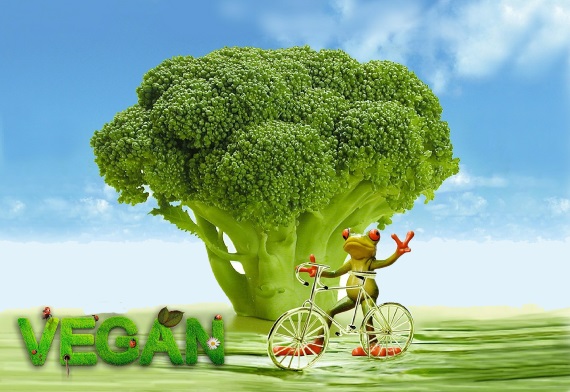 een kikker met een fiets voor een boom gemaakt van broccoli en de tekst 'vegan'