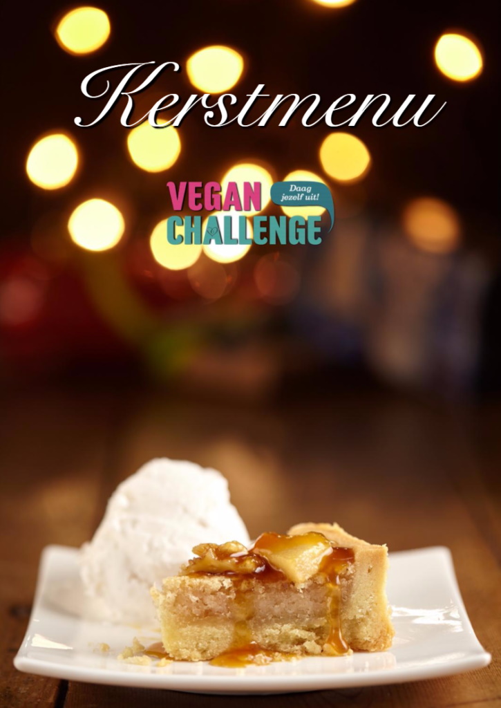 een stukje taart met ijs met de tekst 'Vegan Challenge Kerstmenu'