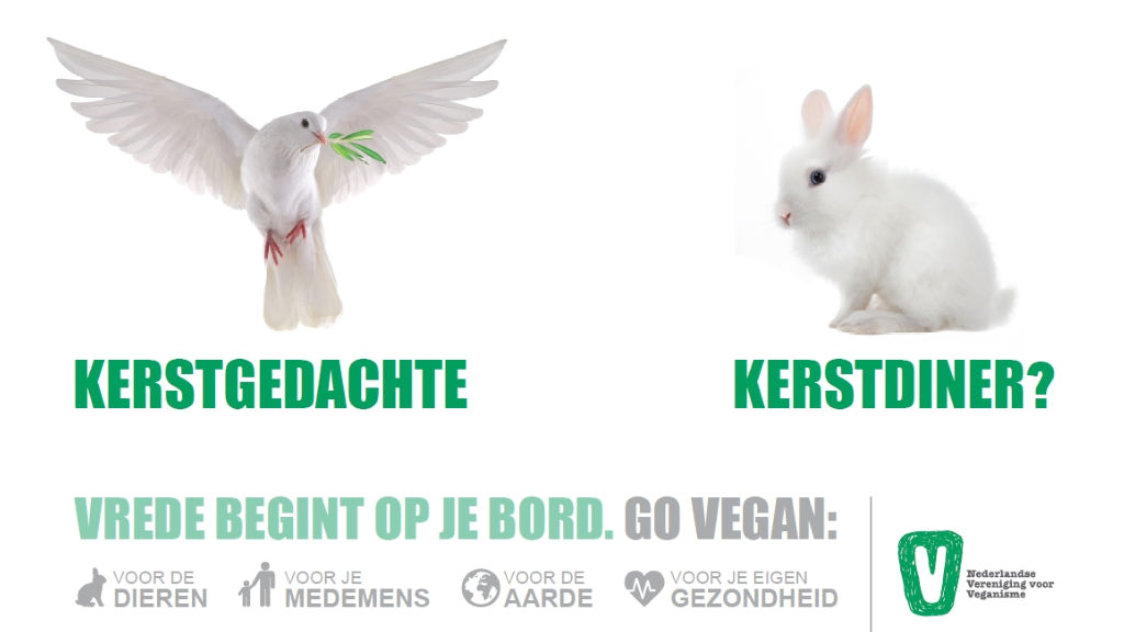 een duif met daaronder 'Kerstgedachte' en een konijn met 'Kerstdiner?' en de tekst 'Vrede begint op je bord. Go vegan'