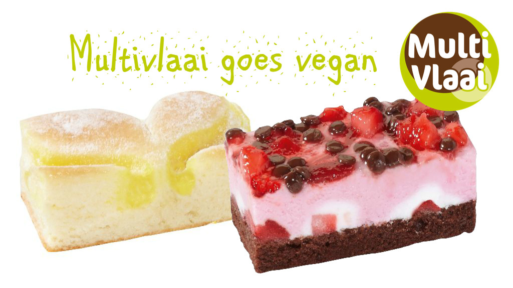 Twee stukjes vruchtengebak met de tekst 'Multivlaai goes vegan'