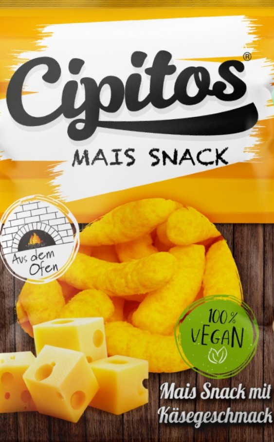 Cipitos mais snack met kaassmaak een verpakking van Cipitos maissnack met kaassmaak en de tekst '100% vegan'