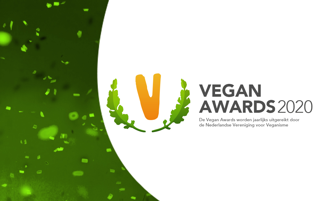 logo van de Vegan Awards 2020 met confetti ernaast. De Vegan Awards worden jaarlijks uitgereikt door de NVV.