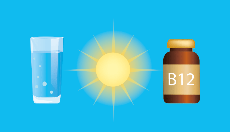 een glas water, een zon en een potje B12