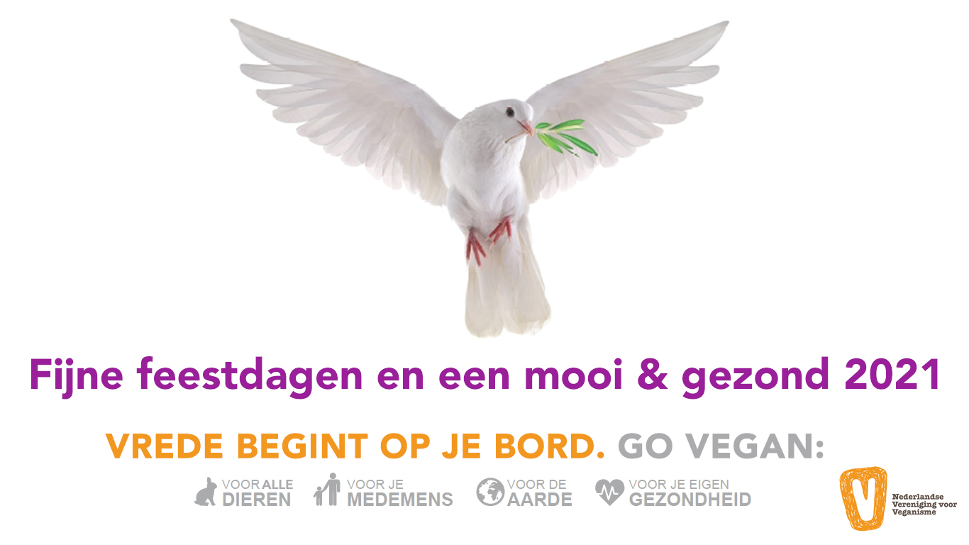 nieuwjaarswensen van de NVV met de tekst 'Fijne feestdagen en een mooi & gezond 2021, vrede begint op je bord, go vegan'