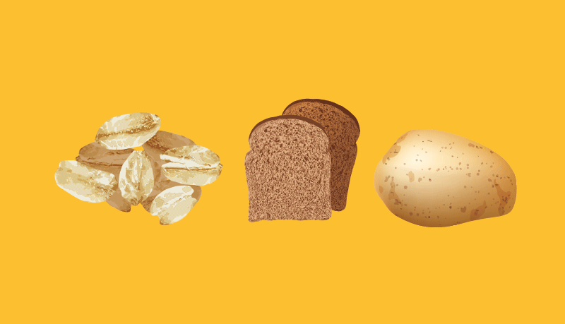 Granen & aardappels graanvlokken, sneetjes volkoren brood en een aardappel