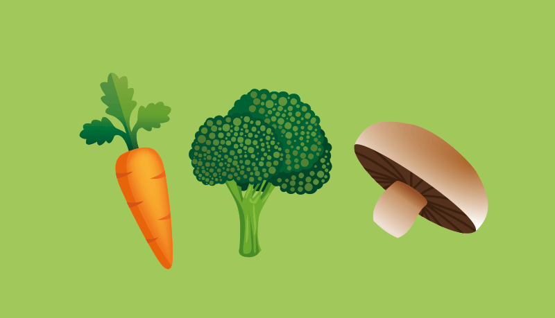 Groenten en bladgroenten een wortel, broccoli en champignon