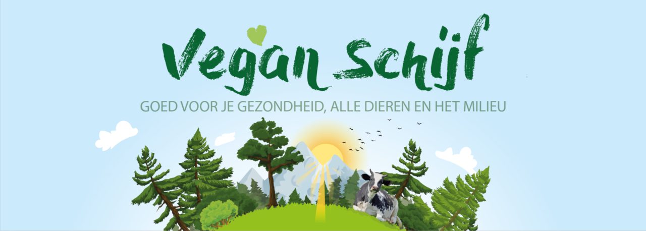 banner van de Vegan Schijf met de tekst 'Goed voor je gezondheid, alle dieren en het milieu'
