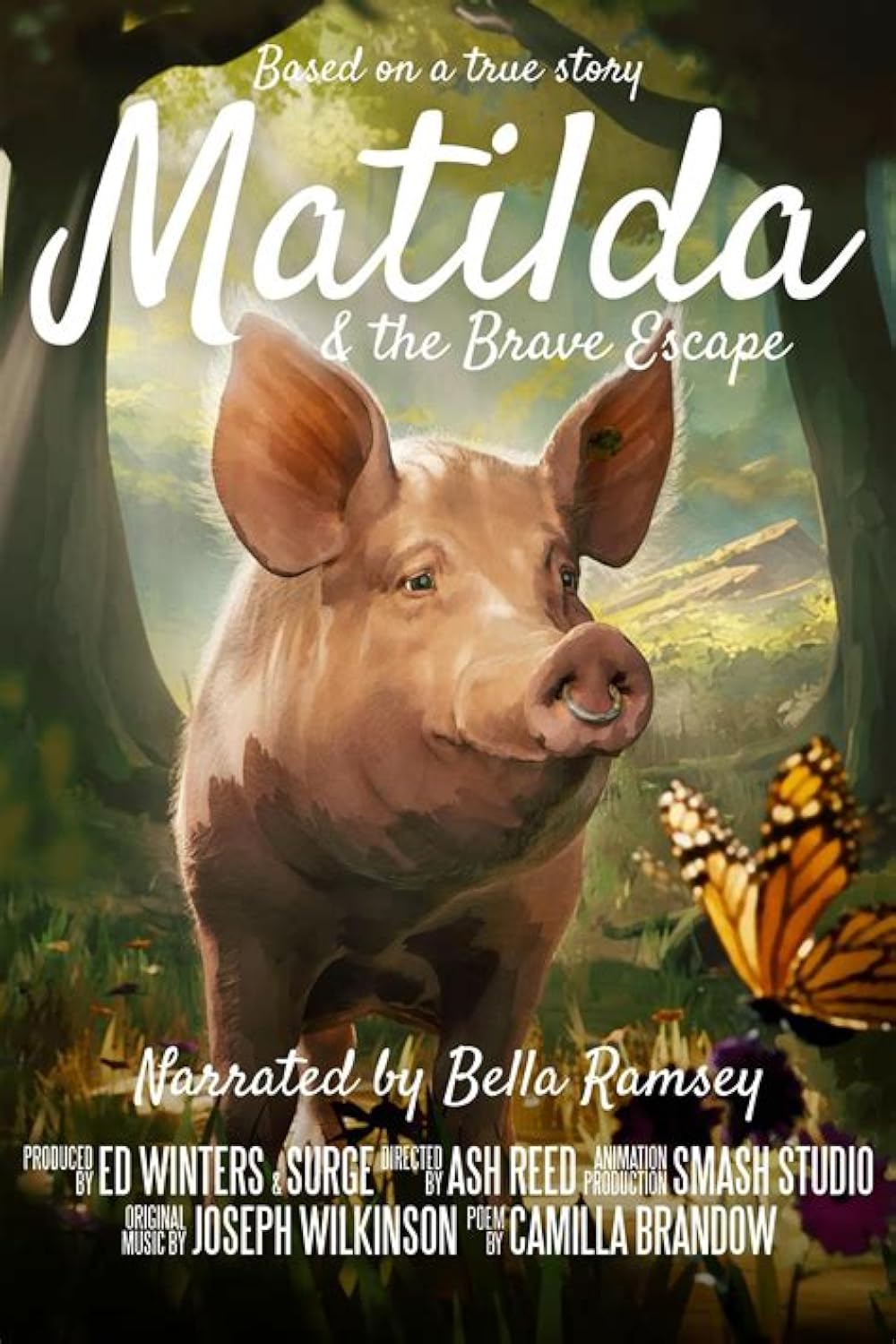 Matilda & the brave escape movie poster Poster van de film Matilda & the Brave Escape met een varken en een vlinder afgebeeld in een bos