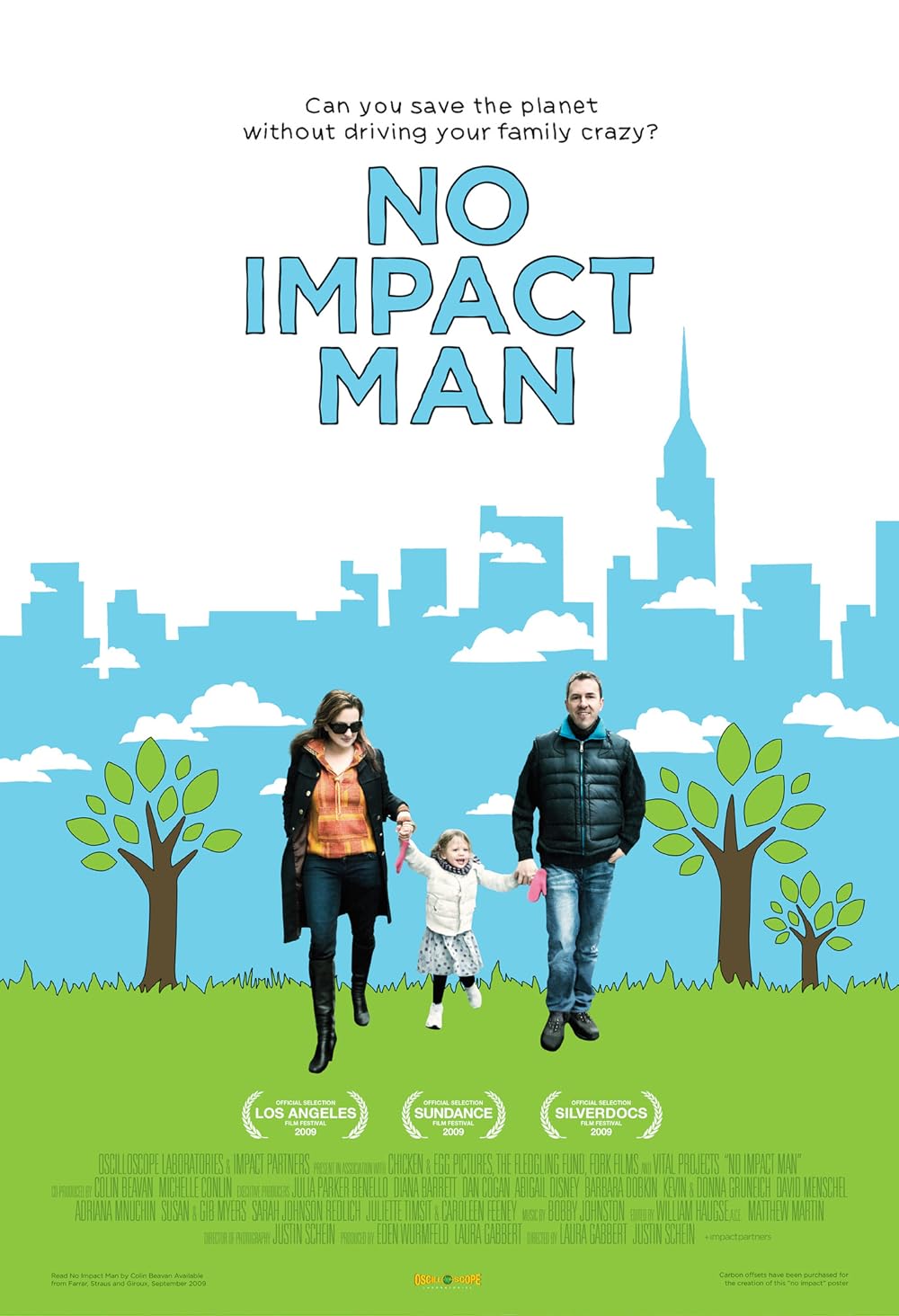 no impact man movie poster Poster van de film No Impact Man met een gezin dat over getekend gras loopt, op de achtergrond de geschetste contouren van een stad