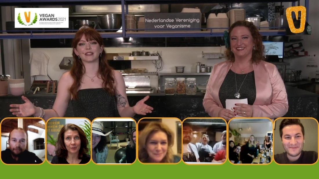 screenshot van presentatoren en genomineerden tijdens de online live bekendmaking van de Vegan Awards 2021