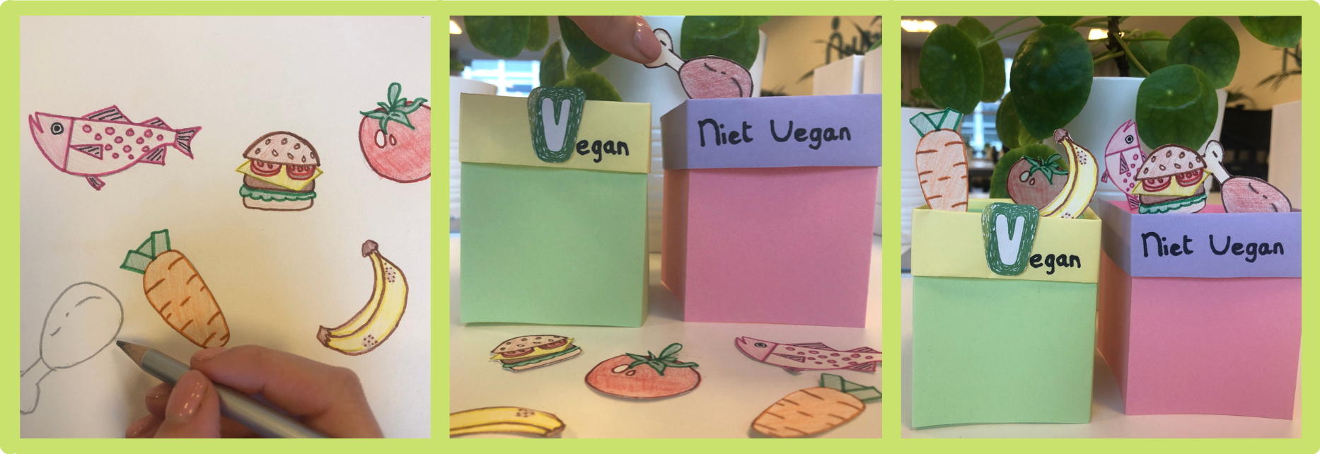 foto1 getekende etenswaren die kinderen kunnen verdelen over 2 dozen met de tekst 'vegan ' of 'niet vegan'