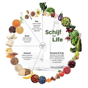 Schijf for Life met de categorieën vet, eiwit, zetmeel, groente en fruit, voorbeelden van elke categorie en vermelding van B12 en D3.