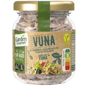 een glazen pot met Vuna van Garden Gourmet