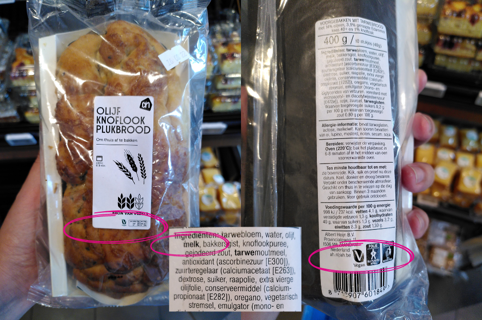 Olijf knoflook plukbrood Albert Heijn olijf-knoflook-plukbrood met melk in de ingrediëntenlijst, maar ook een vegan logo