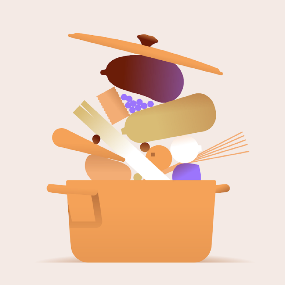 Educatie-en-informatie-De-grote-gids-voor-de-beginnende-vegan Tekening van een oranje pan boordevol groenten