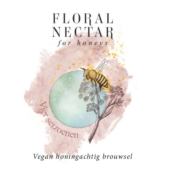 Logo-Floral-Nectar-for-Honeys-Vier-Seizoenen logo van Floral Nectar met de teksten 'for honeys', 'Vier seizoenen' en 'vegan honingachtig brouwsel'