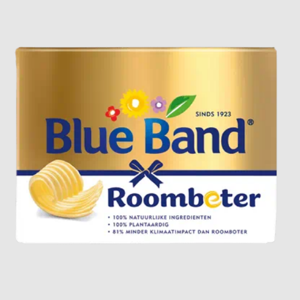 Product – Roombeter afbeelding van een pak Blue Band Roombeter, met 100% natuurlijke, plantaardige ingrediĆ«nten