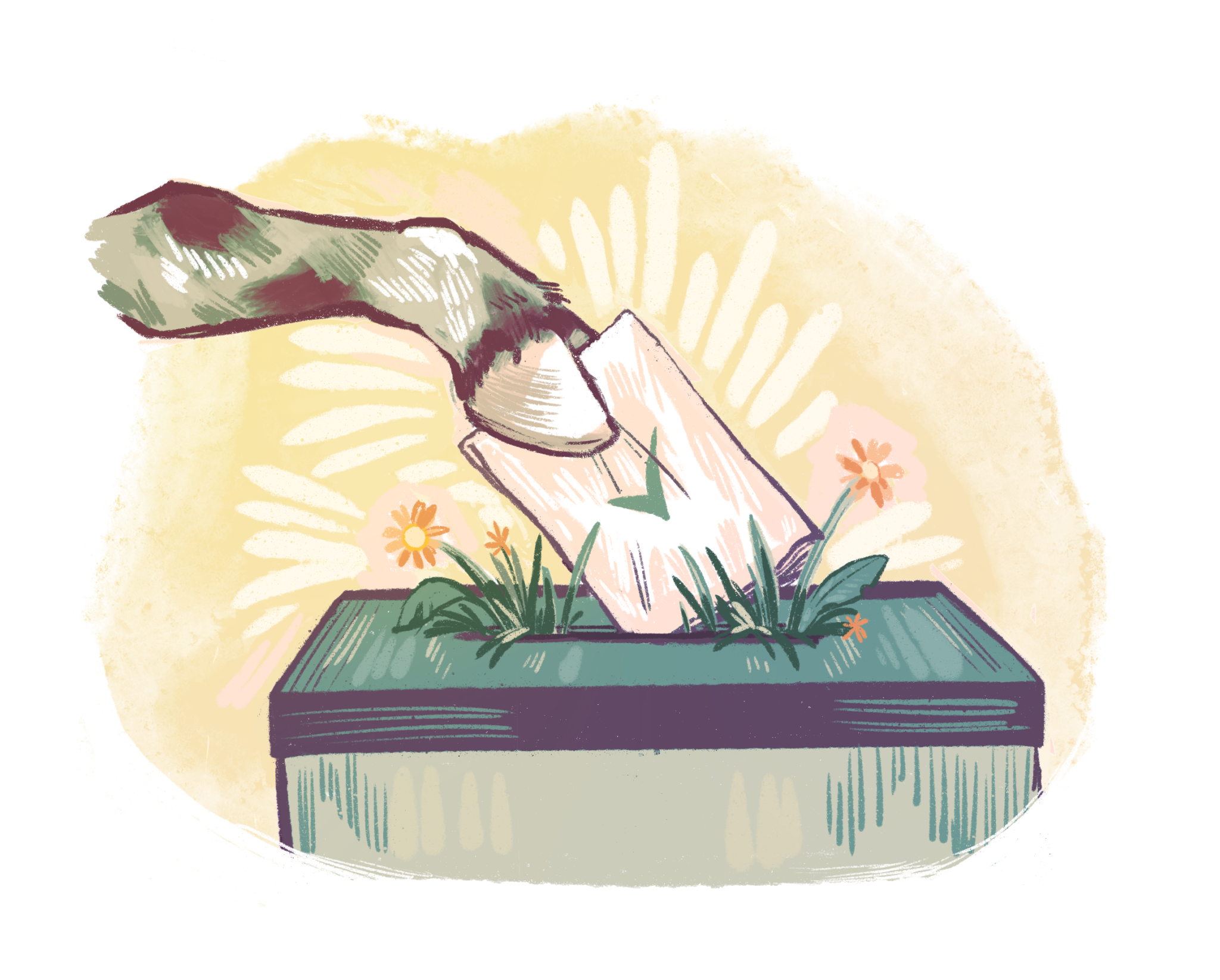 tekening van een geitenpoot die een envelop in een stembus stopt