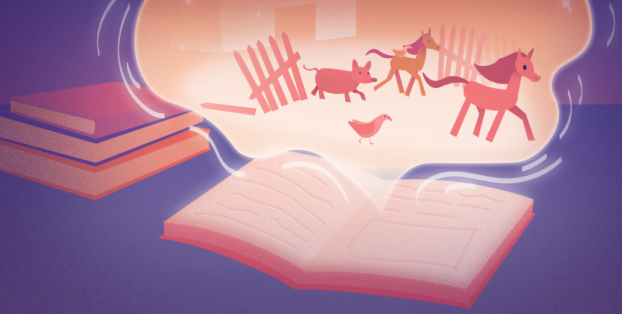 sprookjesachtige weergave van dieren die uit de bladzijden van een boek tevoorschijn komen