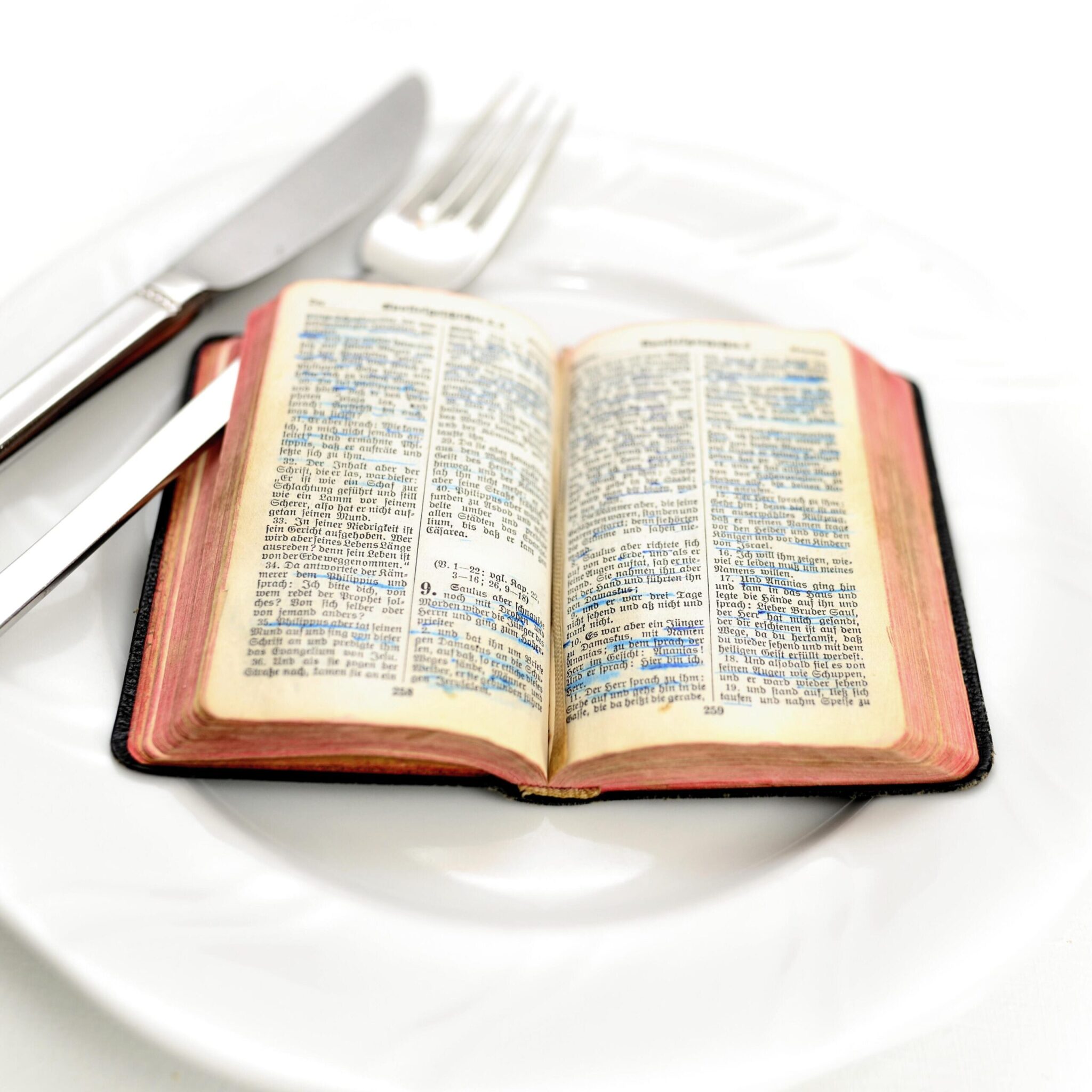 Opengeslagen bijbel op een bord met bestek