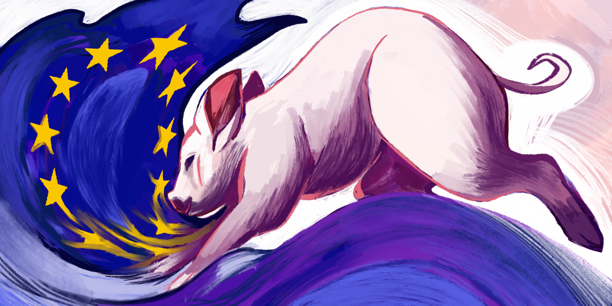 getekende EU-vlag met een varkentje dat daarop springt
