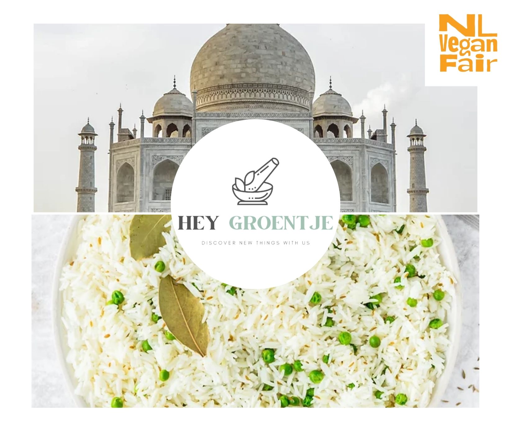 Hey Groentje Een Indiase tempel en een rijstgerecht van Hey Groentje met de tekst 'Discover new things with us'.