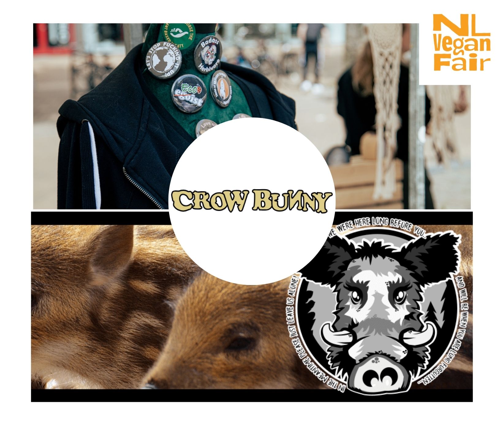 Crow Bunny Jas met badges van Crow Bunny, zwijntjes en de tekst dat ze er eerder waren dan wij en met rust gelaten willen worden.