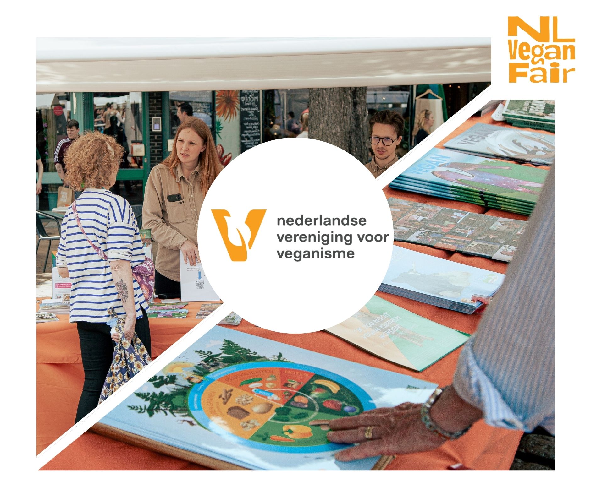 35 NVV Bezoeker aan de stand van de NVV. Rechts een foto van diverse VEGAN Magazines, NVV-flyers en een poster.