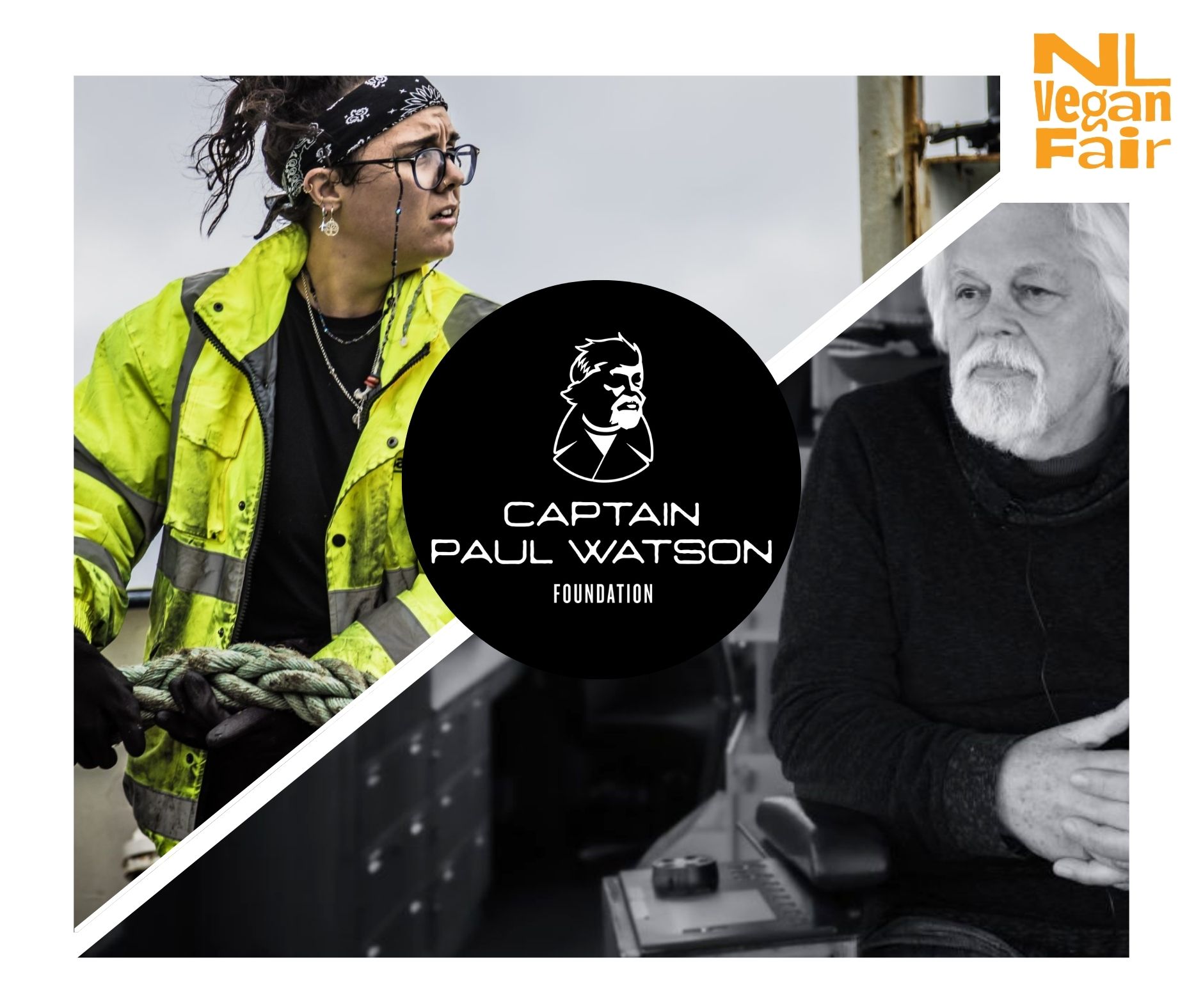 38 Caption Paul Watson Foundation Captain Paul Watson, van de gelijknamige Foundation. Daarnaast een foto van iemand die aan boord van een boot werkt.