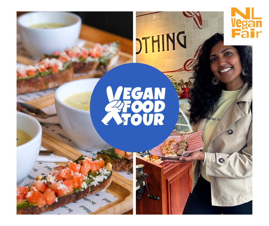 456608396_1042746917207509_1309486666474637793_n Links een foto met vegan gerechten. Rechts een foto van de standhouder van de Vegan Food Tour op NL Vegan Fair.