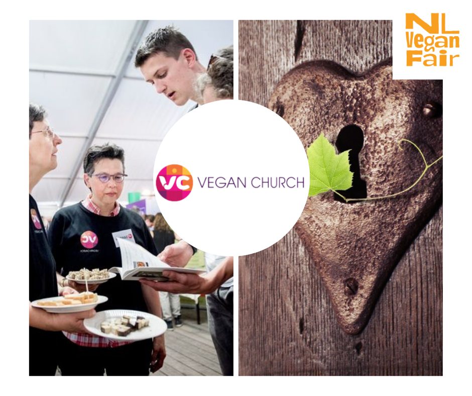 457259773_1044800813668786_4077583699877168500_n Logo van Vegan Church en foto's: iemand leest iets voor aan mensen die hapjes vasthouden; rechts een hart met een sleutelgat en een blaadje.