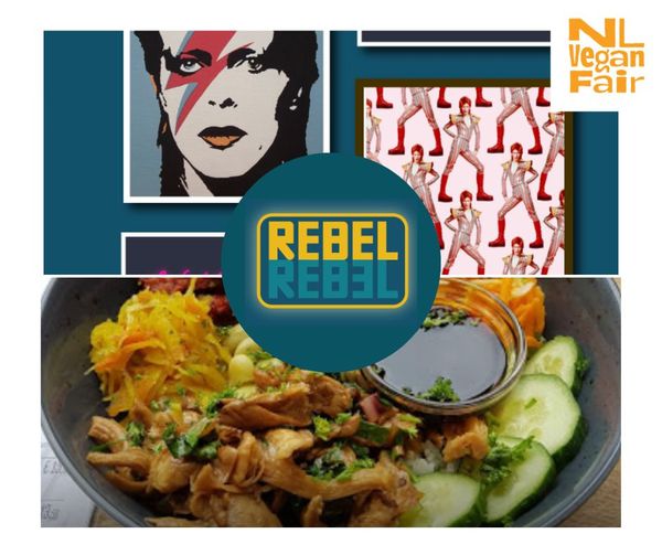 457727480_1048536523295215_5624736814404715024_n Een vegan gerecht van RebelRebel. Daarboven getekende portretten van David Bowie.