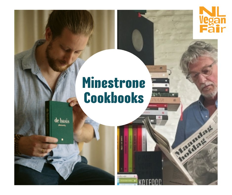 458200807_1050512526430948_1805249702134259760_n Iemand houdt kookboek De Basis Plantaardig vast. Daarnaast iemand die de krant leest. In het midden het logo van Minestrone Cookbooks.