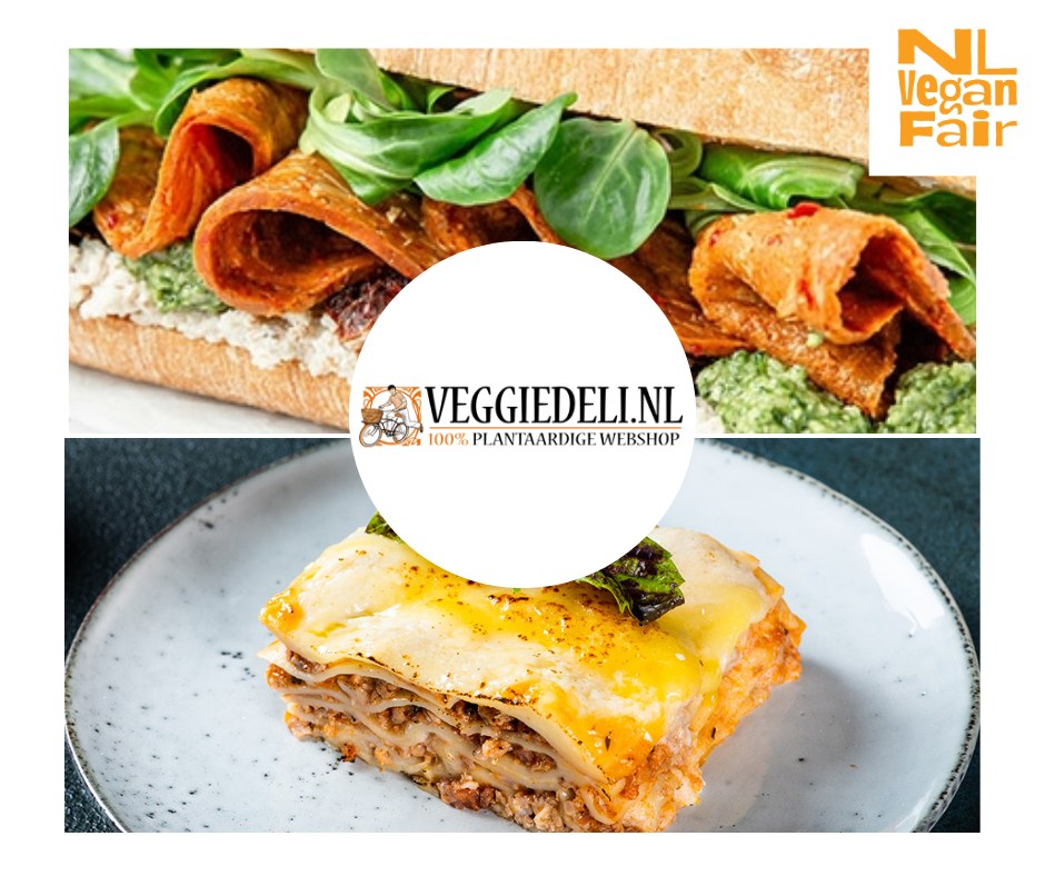 458321000_1050475489767985_8605621420941467902_n Twee verschillende vegan gerechten en het logo van Veggiedeli.nl
