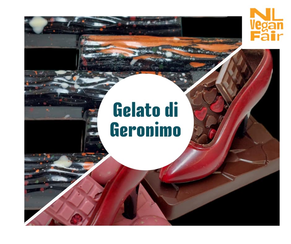 458378438_1049788893169978_7505234903724028787_n Chocoladeblokken in diverse kleuren en een rode pump van chocola. Tekst: Gelato di Geronimo.