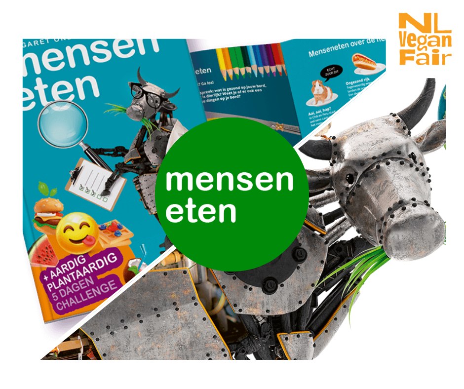 458425796_1050933709722163_7410914967291624641_n Kindertijdschrift over menseneten, daarnaast een koe van metaal met gras in haar bek.