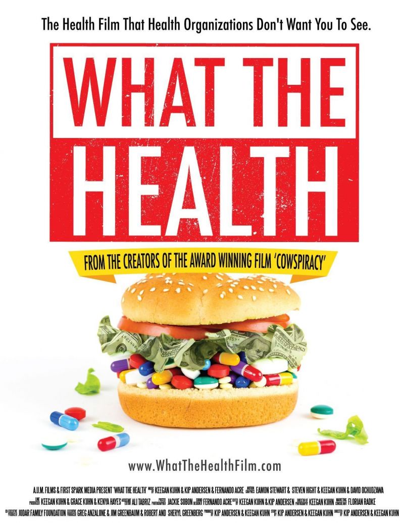 what the health movie poster Poster van de film What the health, waarop een soort Big Mac staat, die voornamelijk gevuld is met bankbiljetten en medicijnen.