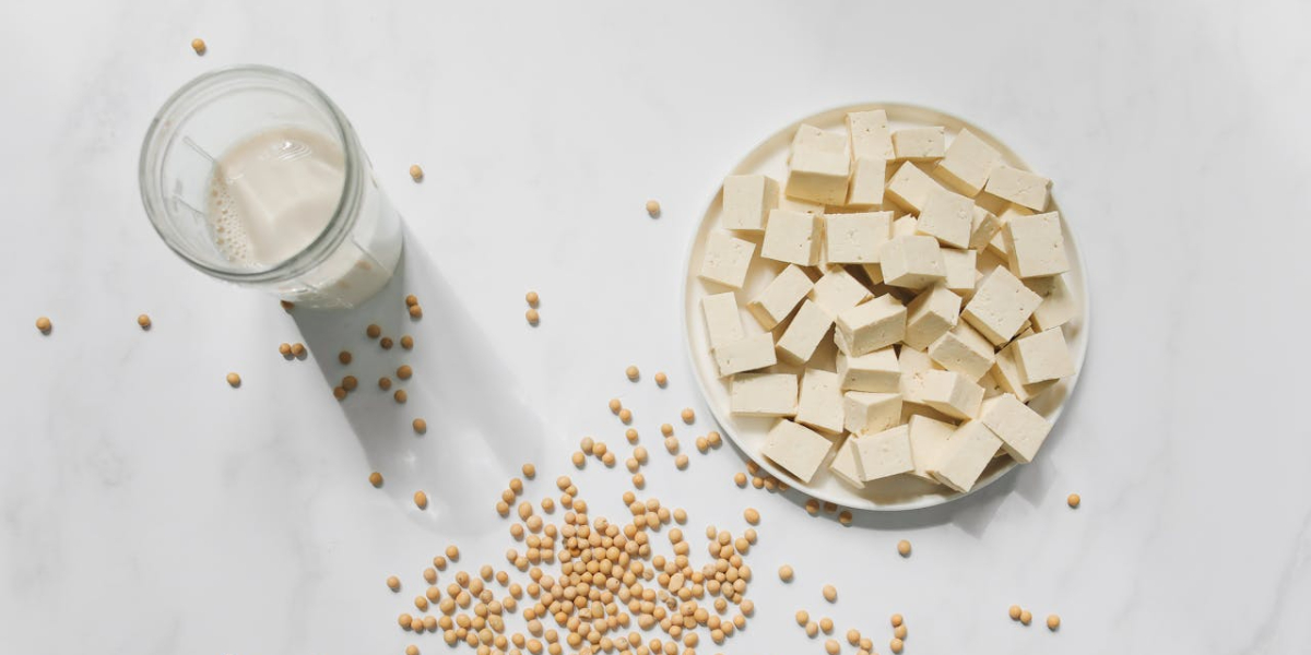 Foto van een glas sojamelk en een bakje met tofu, met daarnaast sojabonen op een witte ondergrond.