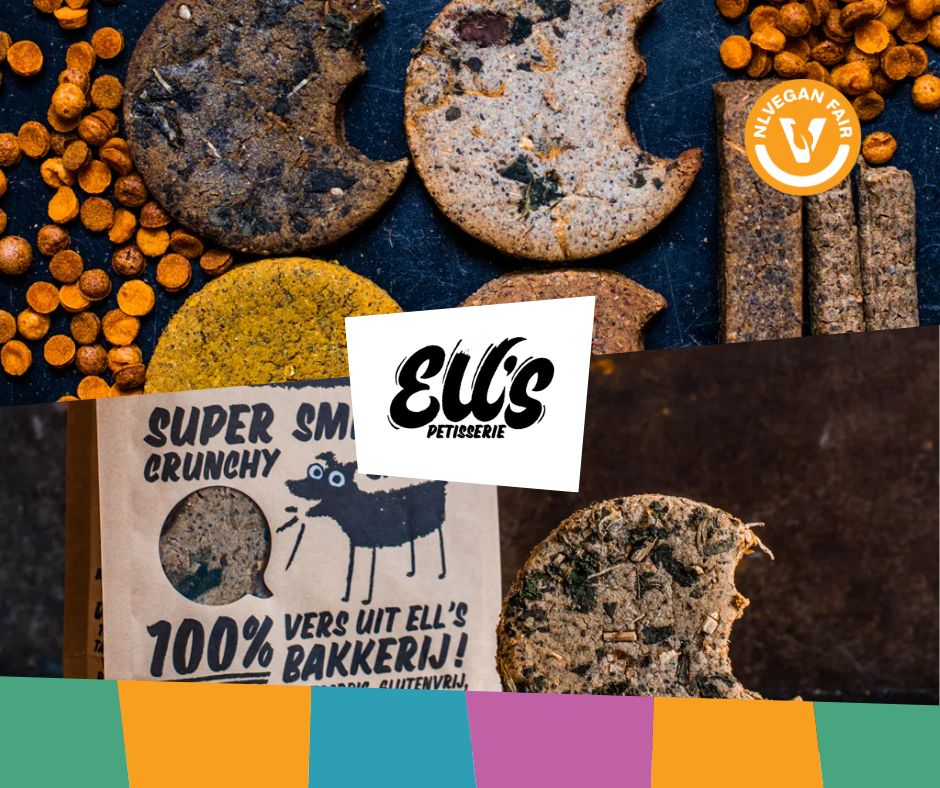 Ells-petisserie-NLVegan-Fair-2025 Collage van hondenkoekjes met in het midden de tekst Ell's petisserie