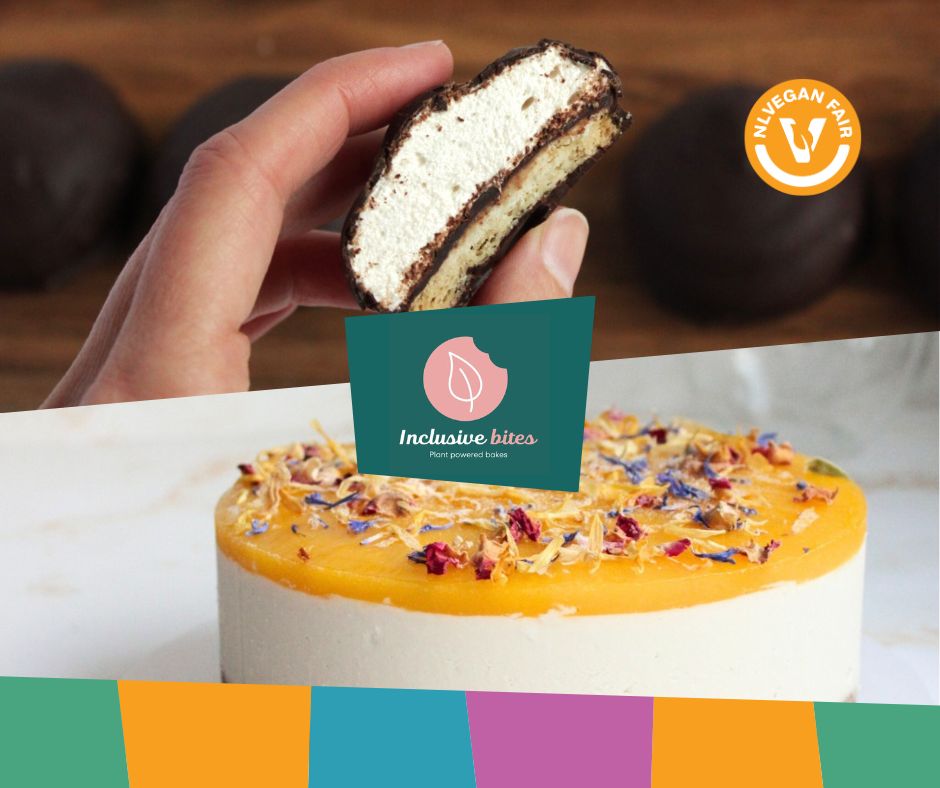 Inclusive-Bites-NLVegan-Fair-2025 Collega van een foto van een taart en een klein gebakje, met de tekst Inclusive Bites