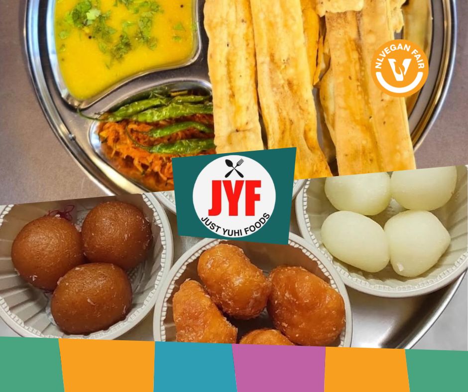 Just-yuhi-foods-NLVegan-Fair-2025 Collage van diverse hapjes met in het midden de tekst JYF