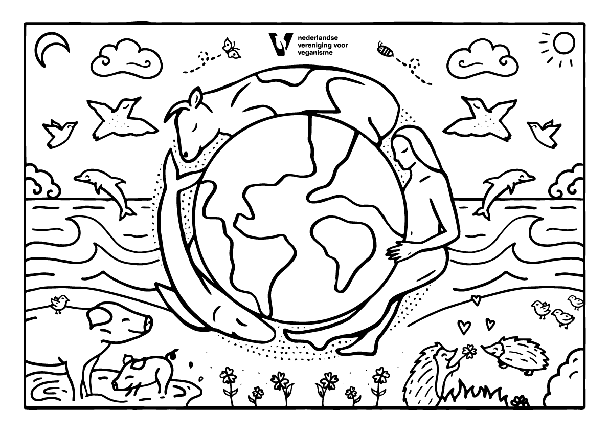 preview NVV-kleurplaat met wereldbol en dieren door Gwen van Wietmarschen
