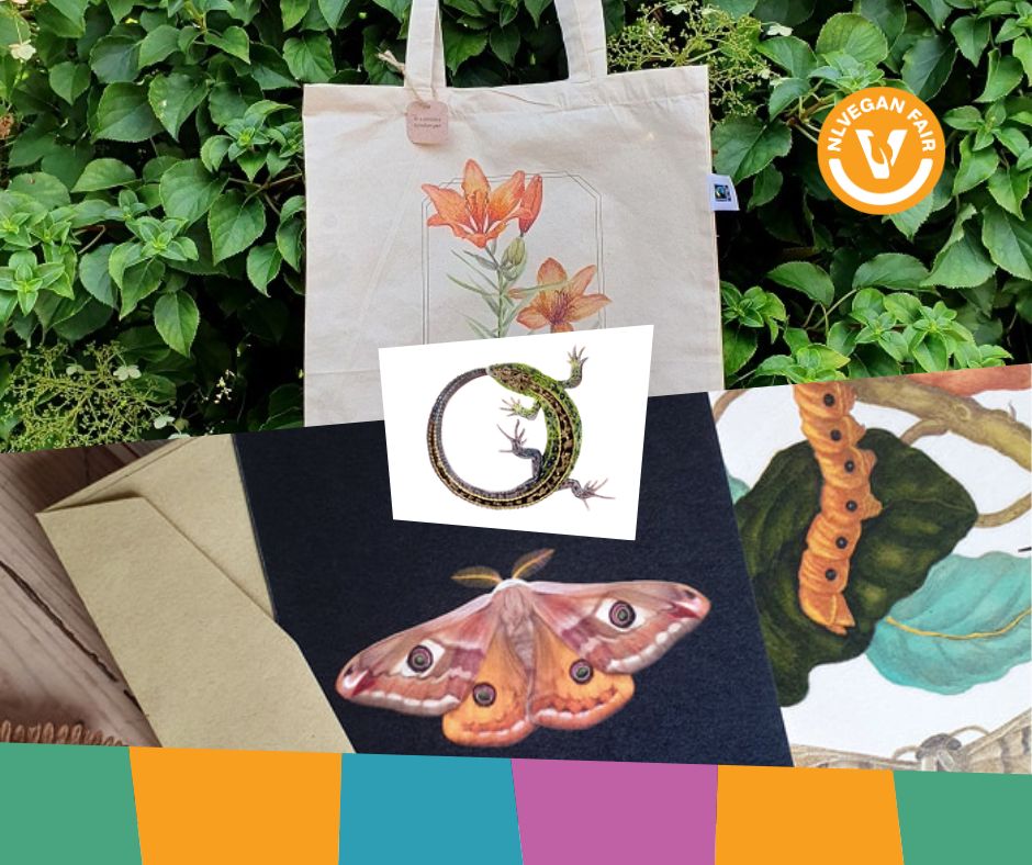 Lonneke-Grimbergen-Art-NLVegan-Fair-2025 Collage van illustraties en een totebag met in het midden een logo van een hagedis in de vorm van een rondje
