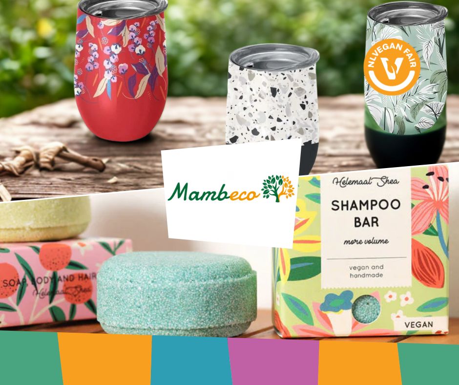 Mambeco-NLVegan-Fair-2025 Collage van koffiebekers en zeepjes met in het midden de tekst Mambeco.