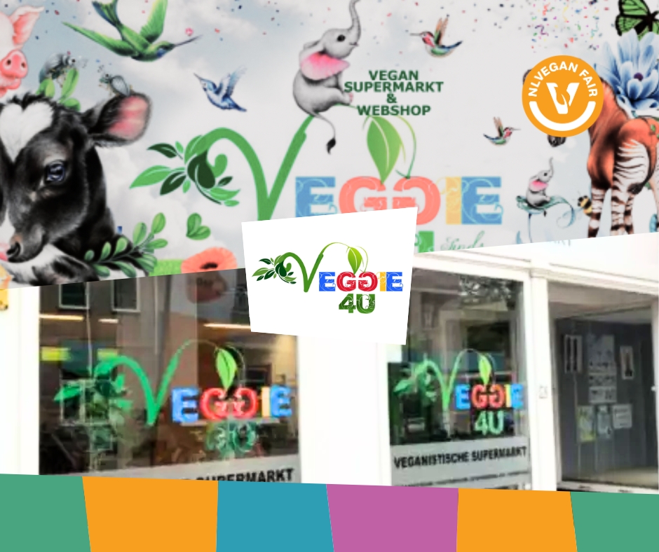 8 Logo van Veggie 4U voor een foto van deze veganistische supermarkt