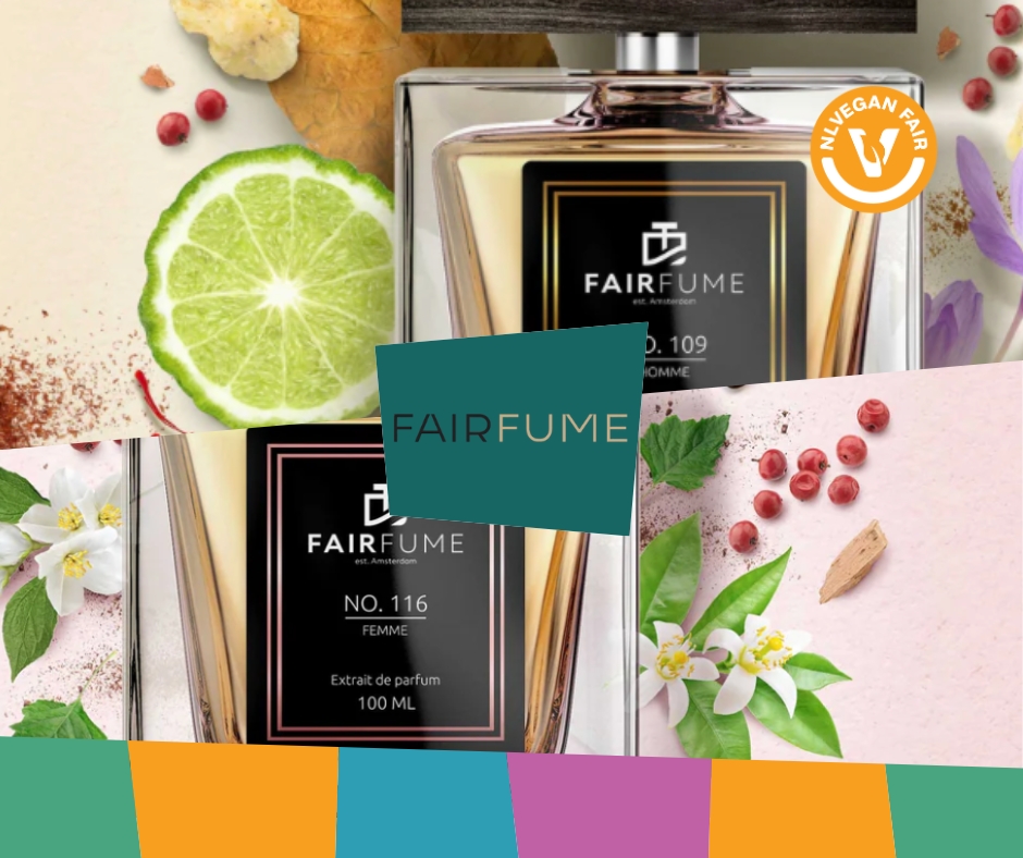 Fairfume-NLVegan-Fair-2025 Collage van parfumflesjes, met in het midden de tekst Fairfume