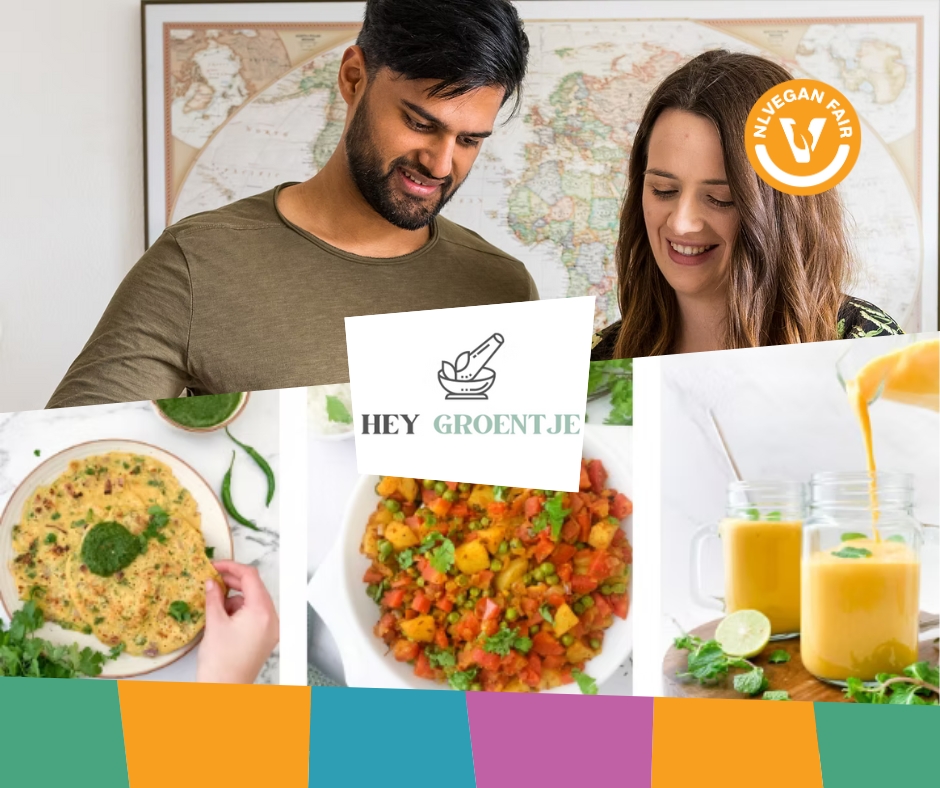 Hey-groentje-NLVegan-Fair-2025 Collage met twee personen en borden met eten. In het midden staat de tekst: Hey Groentje.