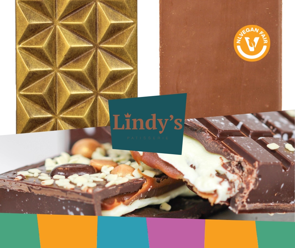 Lindys-NLVegan-Fair-2025 Collage met stukken chocola en in het midden de naam Lindy's